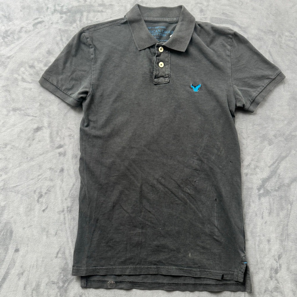 American Eagle Outfitters Mens Slim Fit Polo Shirt Faded Black XS Blue Logo